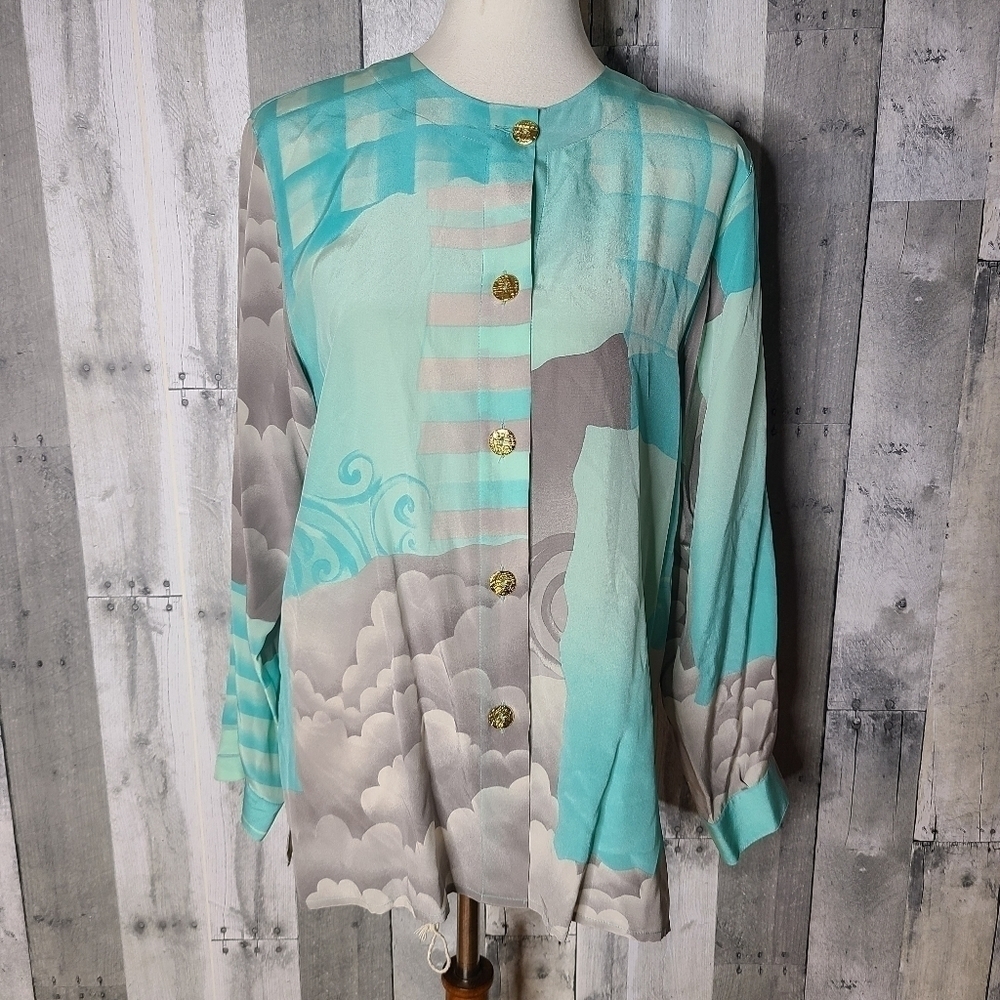 Marina Rinaldi Medium Size 12 Pure Silk Button Front Long Sleeve Blouse